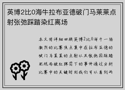 英博2比0海牛拉布亚德破门马莱莱点射张弛踩踏染红离场