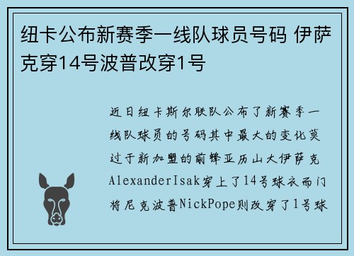 纽卡公布新赛季一线队球员号码 伊萨克穿14号波普改穿1号