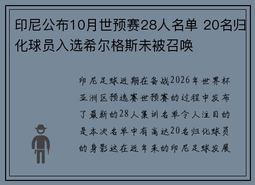 印尼公布10月世预赛28人名单 20名归化球员入选希尔格斯未被召唤